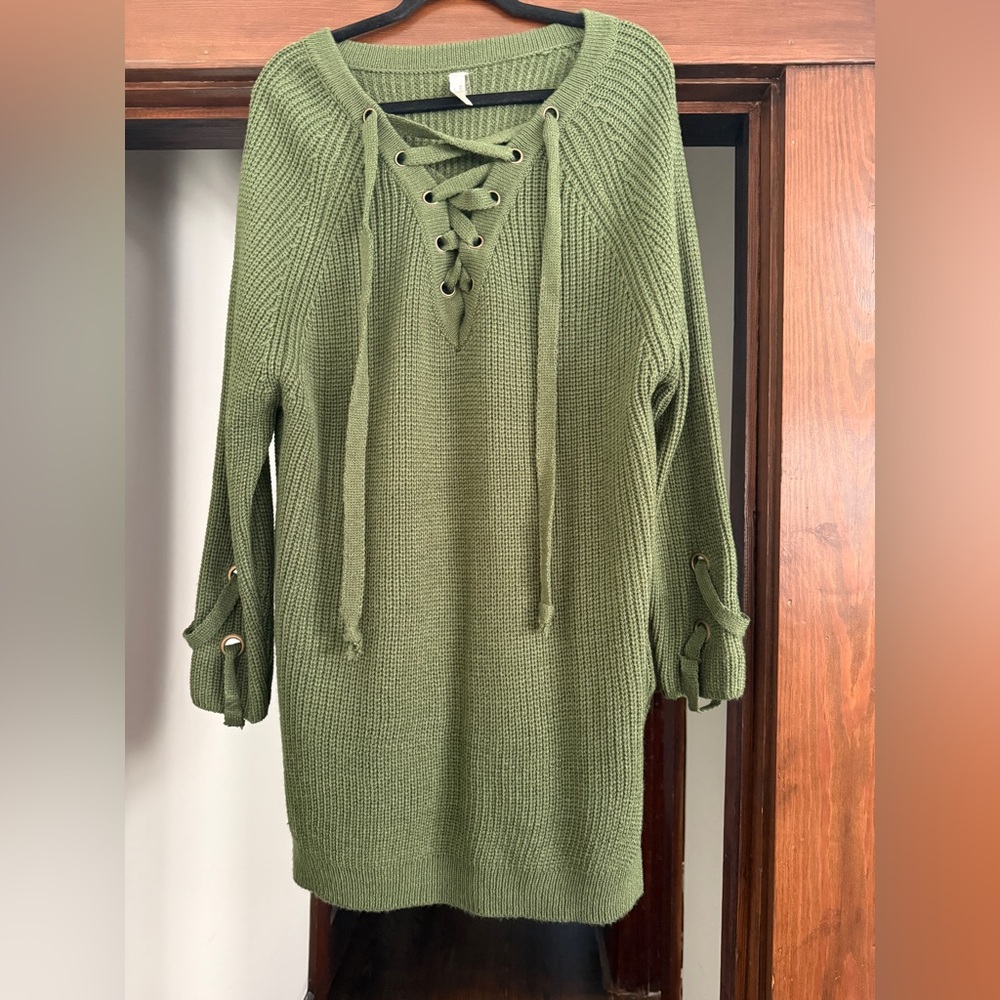 Olive Green Lace-Up Sweater
